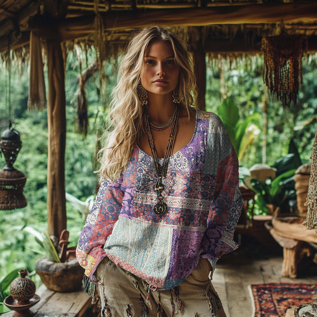 Women's Vintage Bohemian Patchwork Long Sleeve Shirt artswardrobe