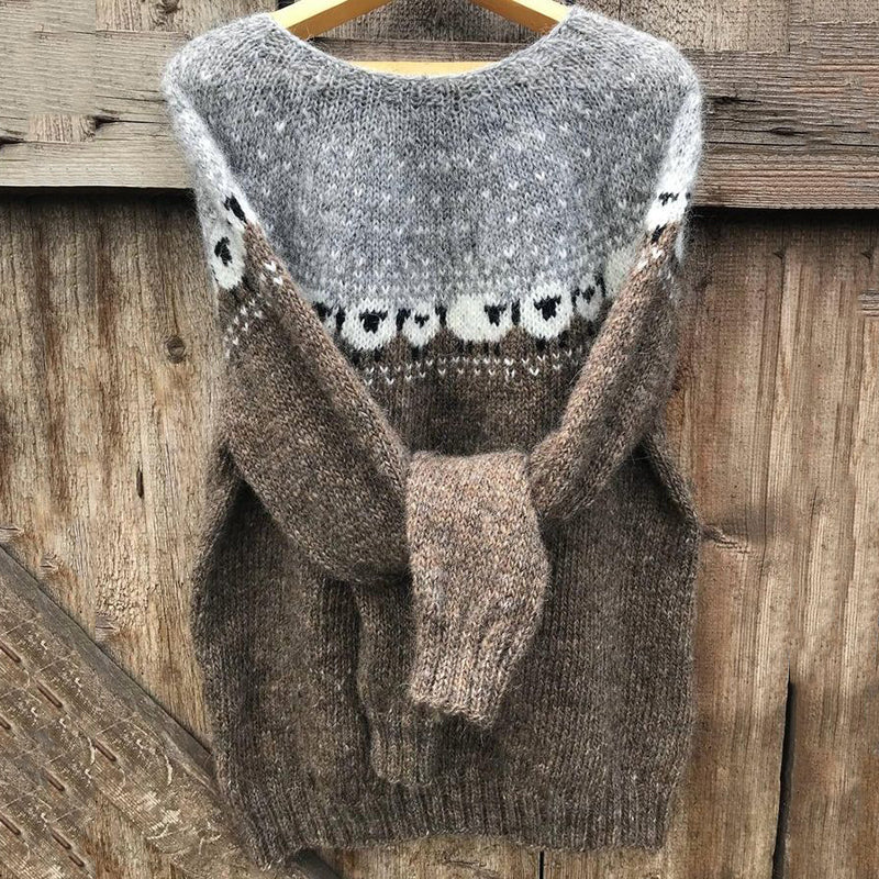 Maglione in cotone con motivo di pecore al pascolo