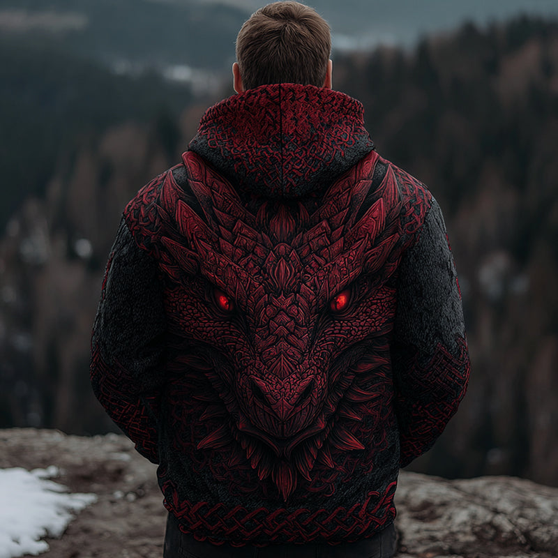Men's Viking Red Dragon Style Celtic Thick Zip-up Hooded Sweater artswardrobe