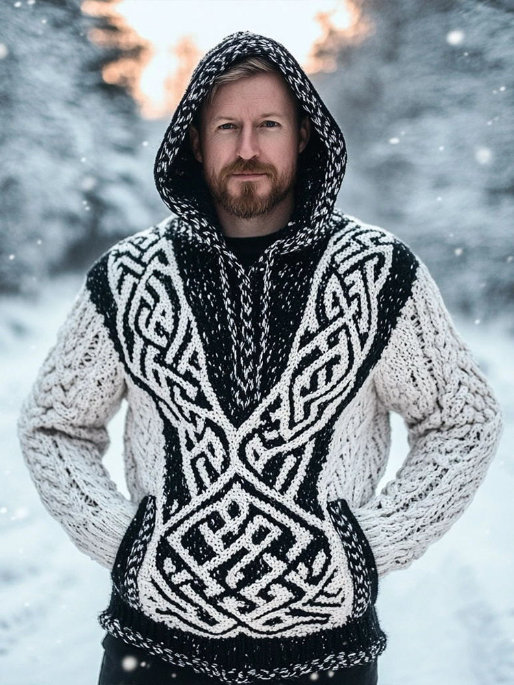 Men's Viking Style Celtic Knot Contrast Knit Hooded Sweater artswardrobe