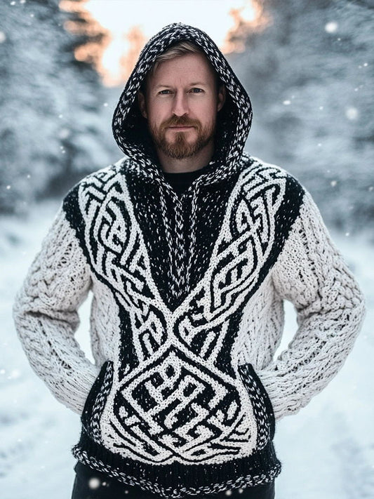Men's Viking Style Celtic Knot Contrast Knit Hooded Sweater artswardrobe