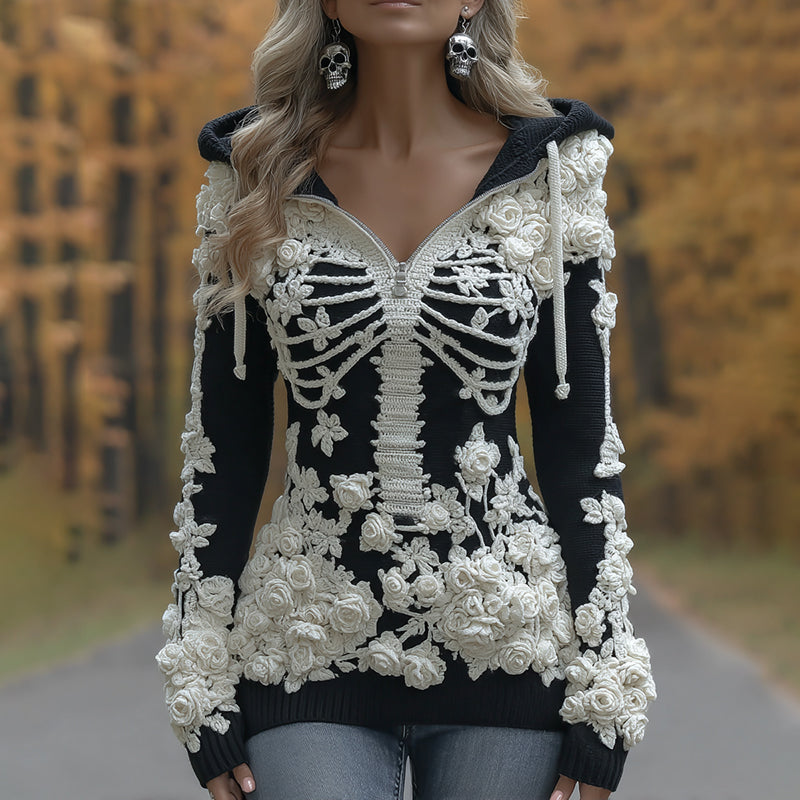 Women's Halloween Skeleton Bones With Roses Art Knitted Warm Half-neck Hooded Sweater artswardrobe
