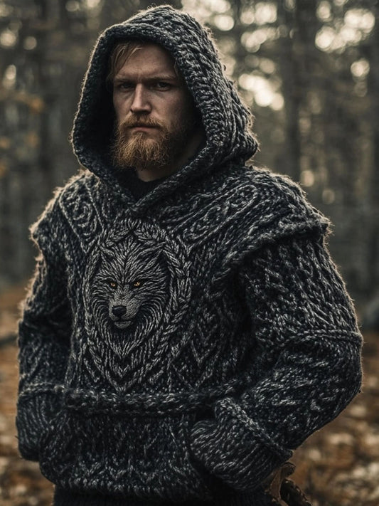 Men's Wolf Inspired Viking Celtic Jacquard Chunky Hooded Sweater elevenforest