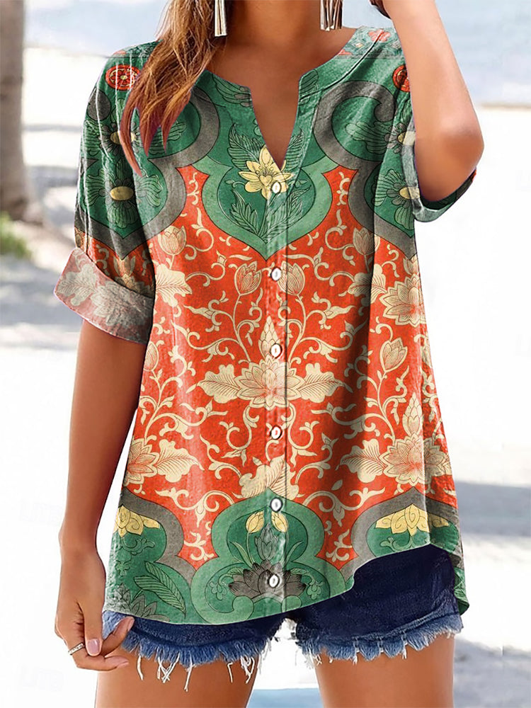 Women's Vintage Ethnic Floral Art Printed Casual Short Sleeve Cotton a