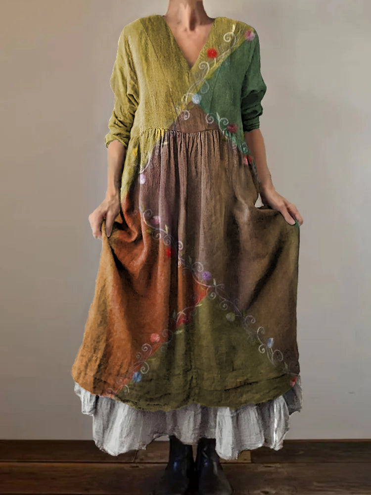 Women's Colorful Patchwork Pattern Art Print V-Neck Button Pocket Cott