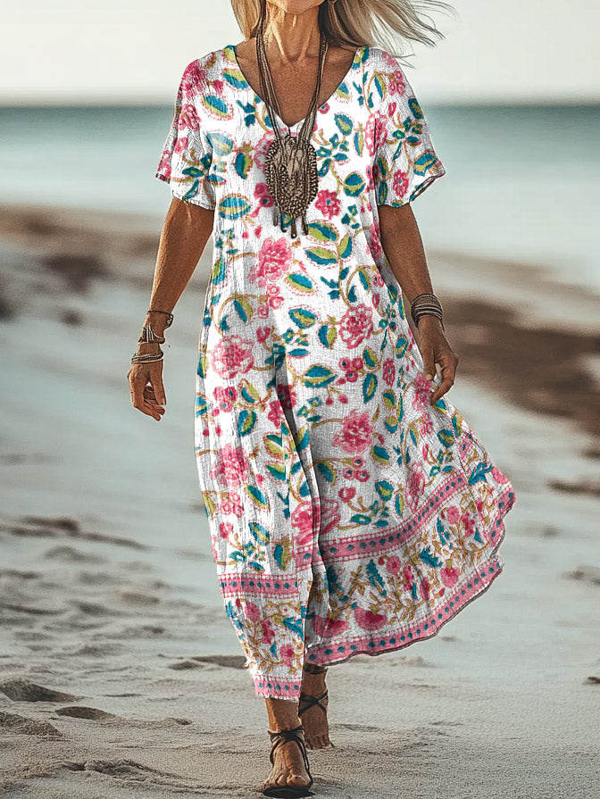 Women's Art Floral Hippie Vintage Print V-Neck Short Sleeve Dress