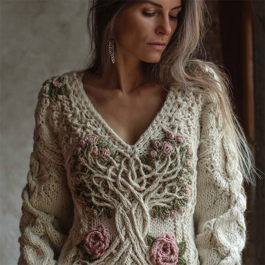 Vintage Pink Roses Tree Of Life Celtic Chunky Sweater artswardrobe