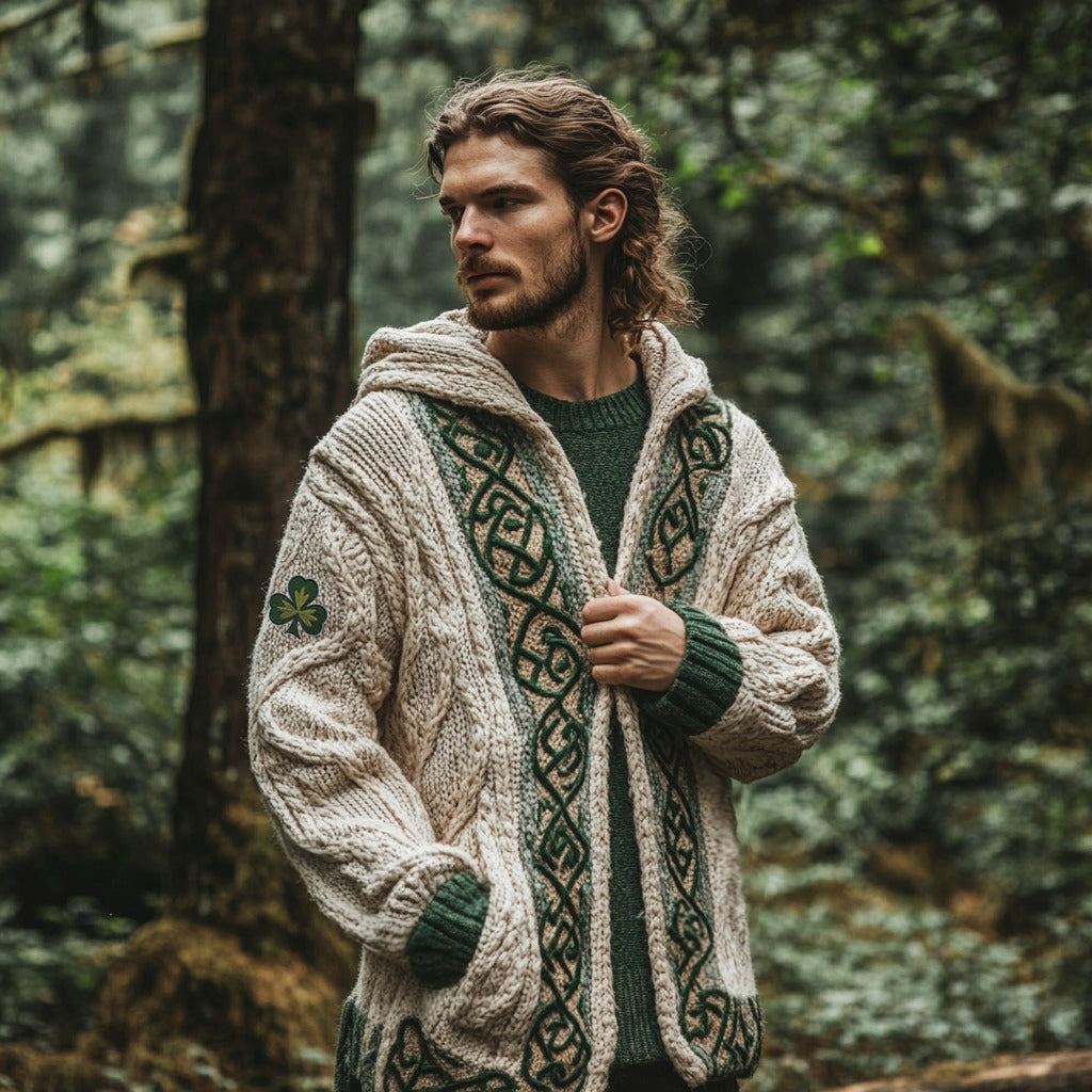 Men's Ireland Celtic Knot Shamrock Zipper Hooded Cardigan elevenforest