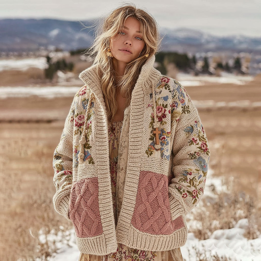 Women's Vintage Floral Patchwork Cozy Stand Collar Knit Sweater artswardrobe