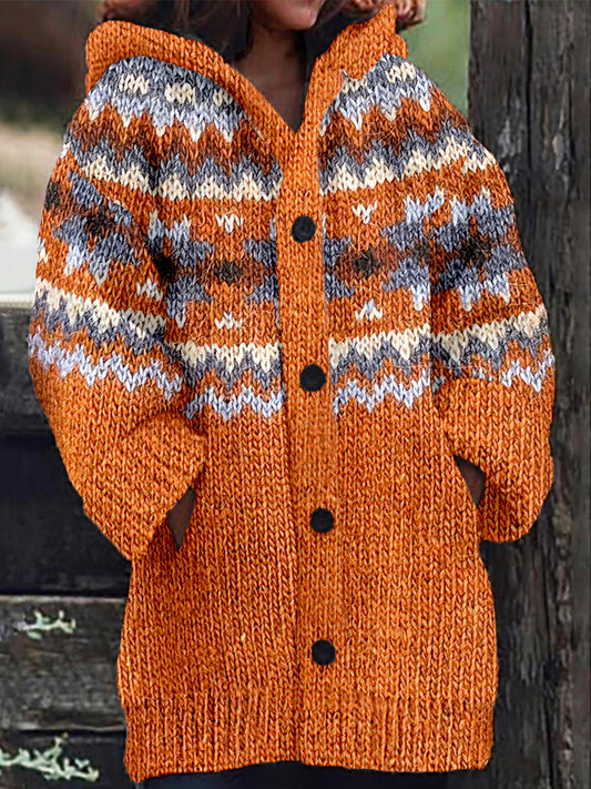 Vintage Fall Icelandic Pattern Cozy Hooded Cardigan elevenforest