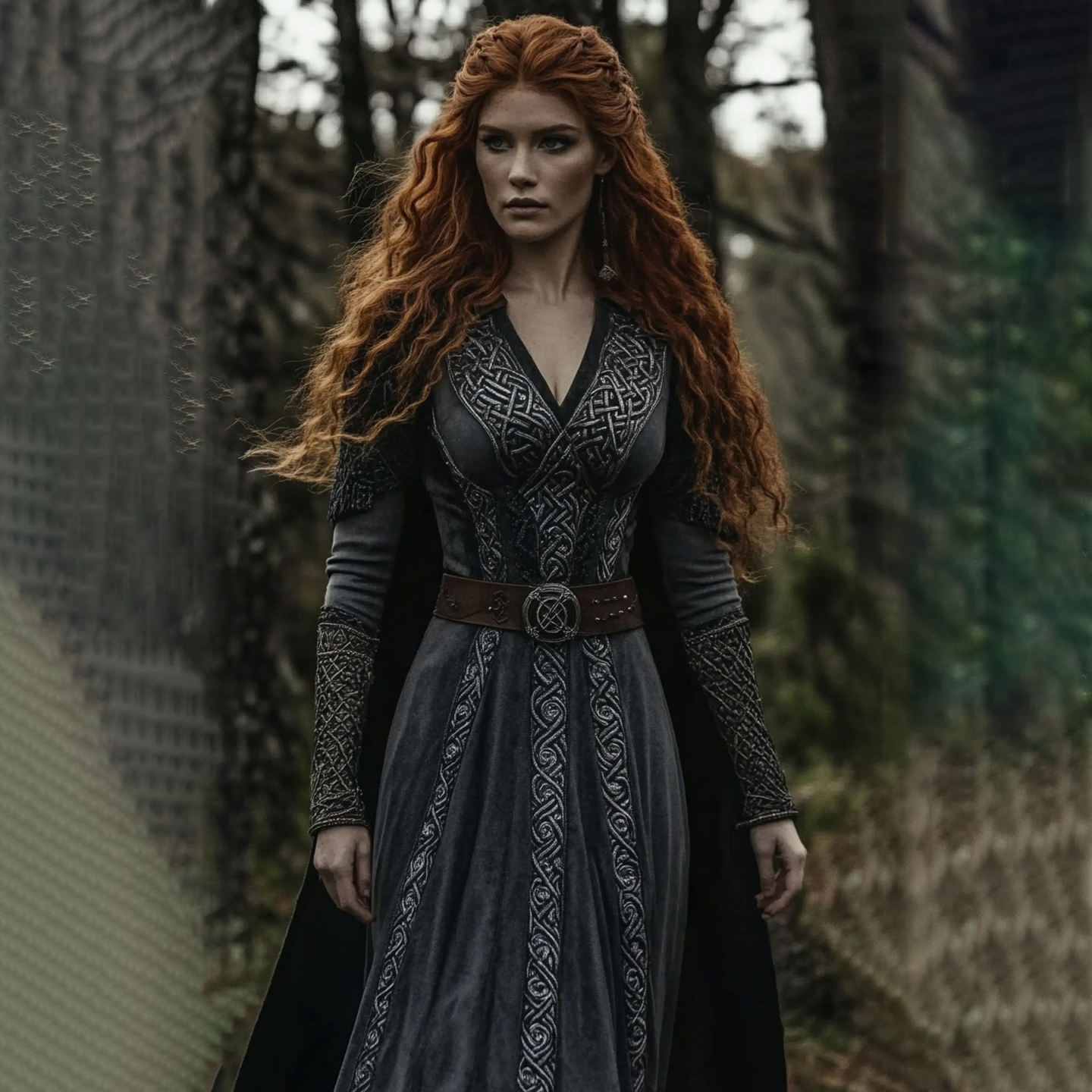 Women‘s Vintage Viking Celtic Knot V Neck Long Sleeve Mixi Dress artswardrobe