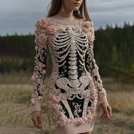 Women's Halloween Skeleton Bones With Rose Art Cozy Knit Mini Sweater Dress artswardrobe