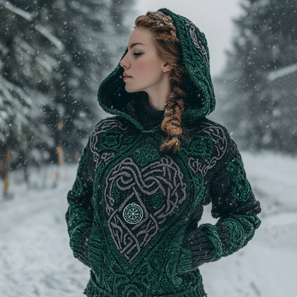 Women's Viking Tribal Jacquard Celtic Inspired Chunky Knit Hooded Sweater artswardrobe