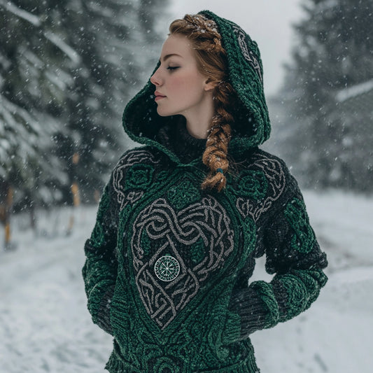 Women's Viking Tribal Jacquard Celtic Inspired Chunky Knit Hooded Sweater artswardrobe