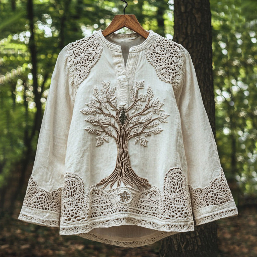 Comstylish Women's Life Of Tree Lace Embroidery Art Linen Comfort Shirt