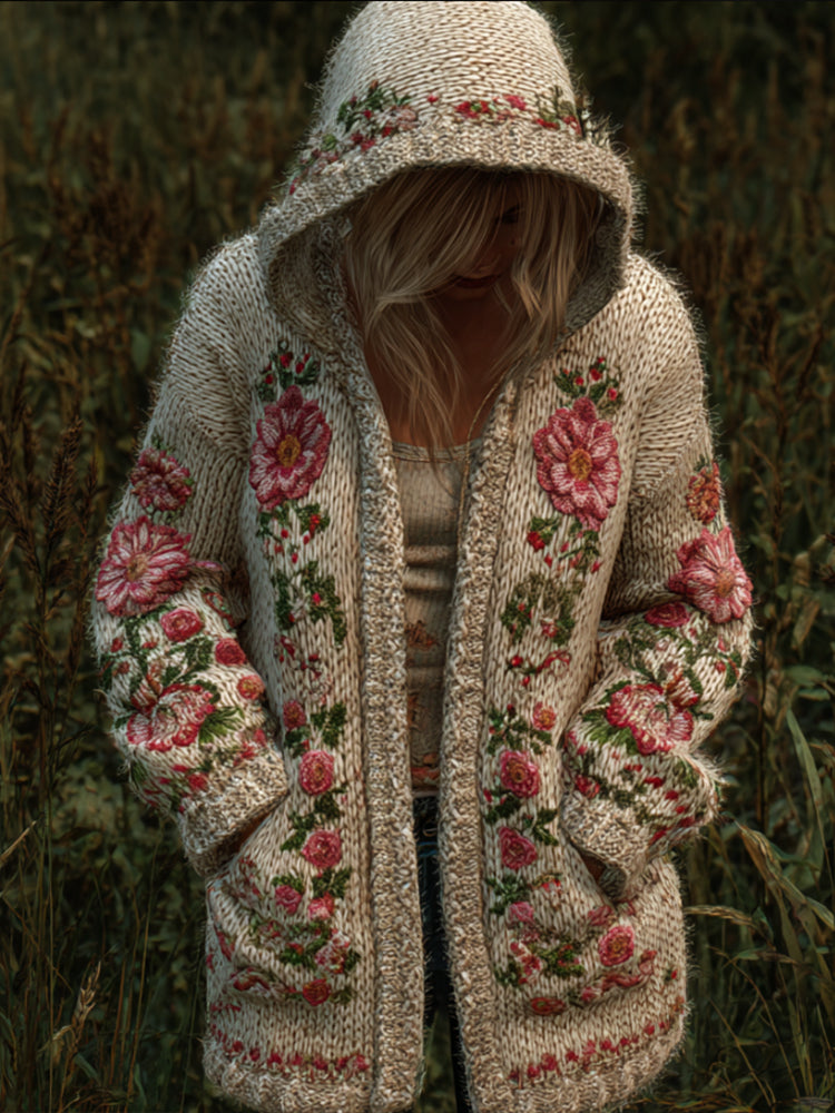 Women's Flower-patterned Casual Vintage Hooded Mid-length Sweater elevenforest