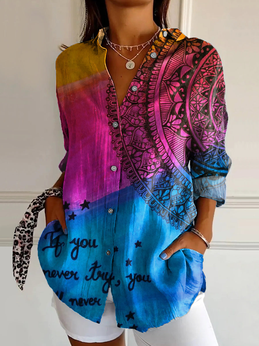 Women's Art Painting Ethnic Style Colorful Print Stand Collar Long Sle