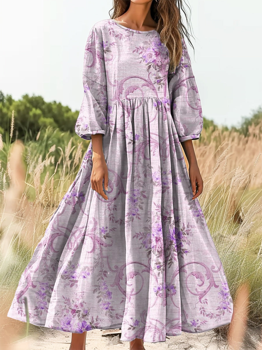 Women's Vintage Ethnic Floral Art Print Flowy Cotton Crew Neck Dress