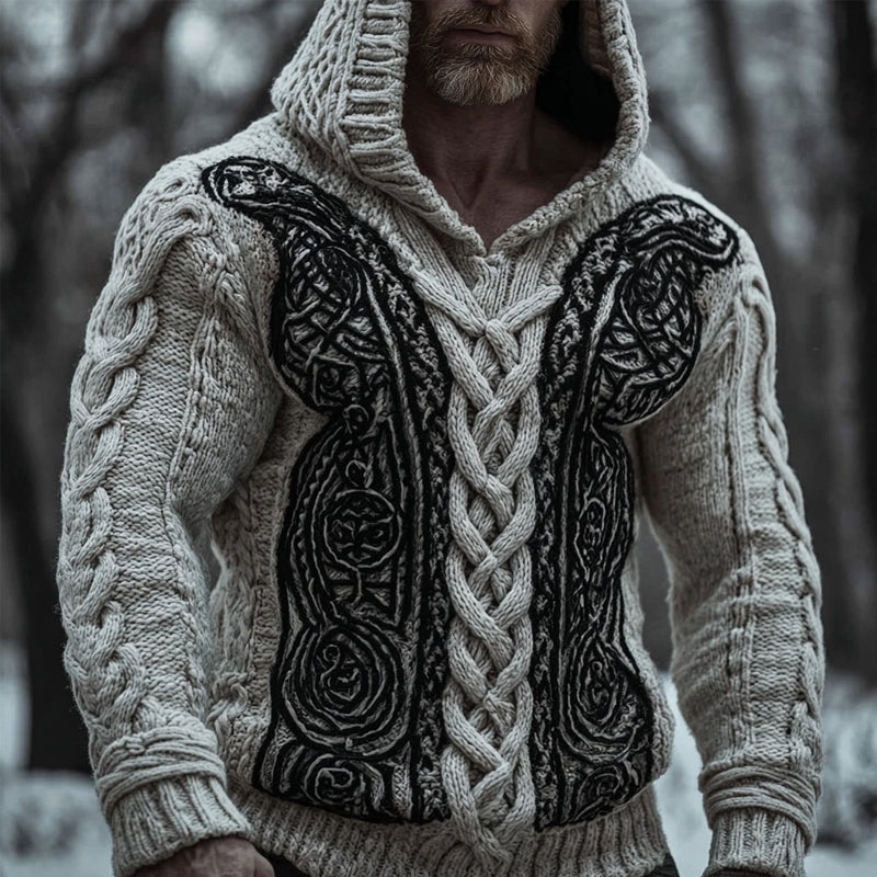 Men's Vintage Viking Celtic Jacquard Chunky Hooded Sweater artswardrobe