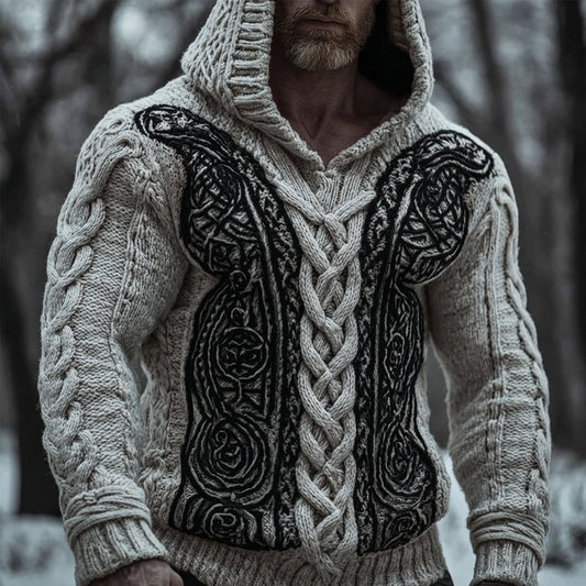 Men's Vintage Viking Celtic Jacquard Chunky Hooded Sweater artswardrobe