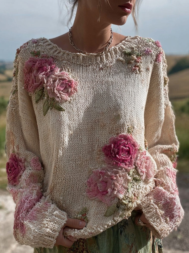 Vintage Pink Roses Embroidered Cozy Knit Sweater artswardrobe