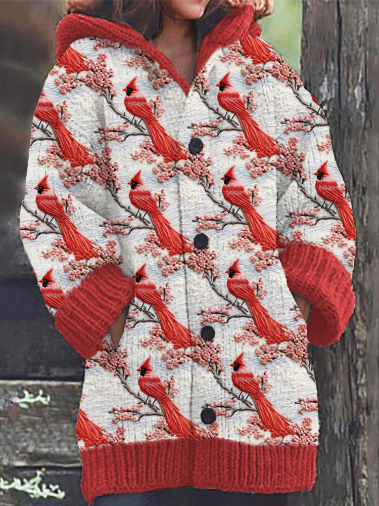 Peach Blossom & Bird Embroidery Cozy Hooded Cardigan artswardrobe