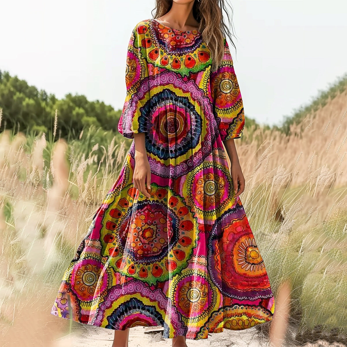 Women's Colorful Abstract Floral Pattern Art Print Cotton Crew Neck Dr