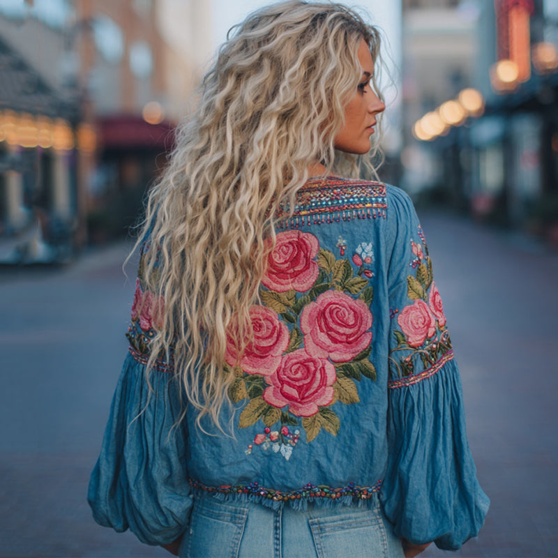 Comstylish Vintage Pink Roses Embroidered Linen Blend T-shirt