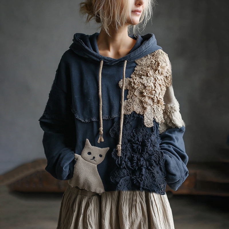 Comstylish Vintage Boho Floral And Cute Cat Embroidered Patchwork Casual Hoodie