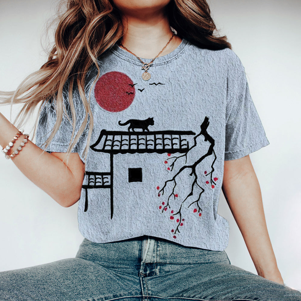 Comstylish Japanese Cat Sunset Print Women's T-shirt