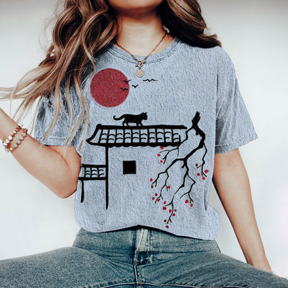 Comstylish Japanese Cat Sunset Print Women's T-shirt