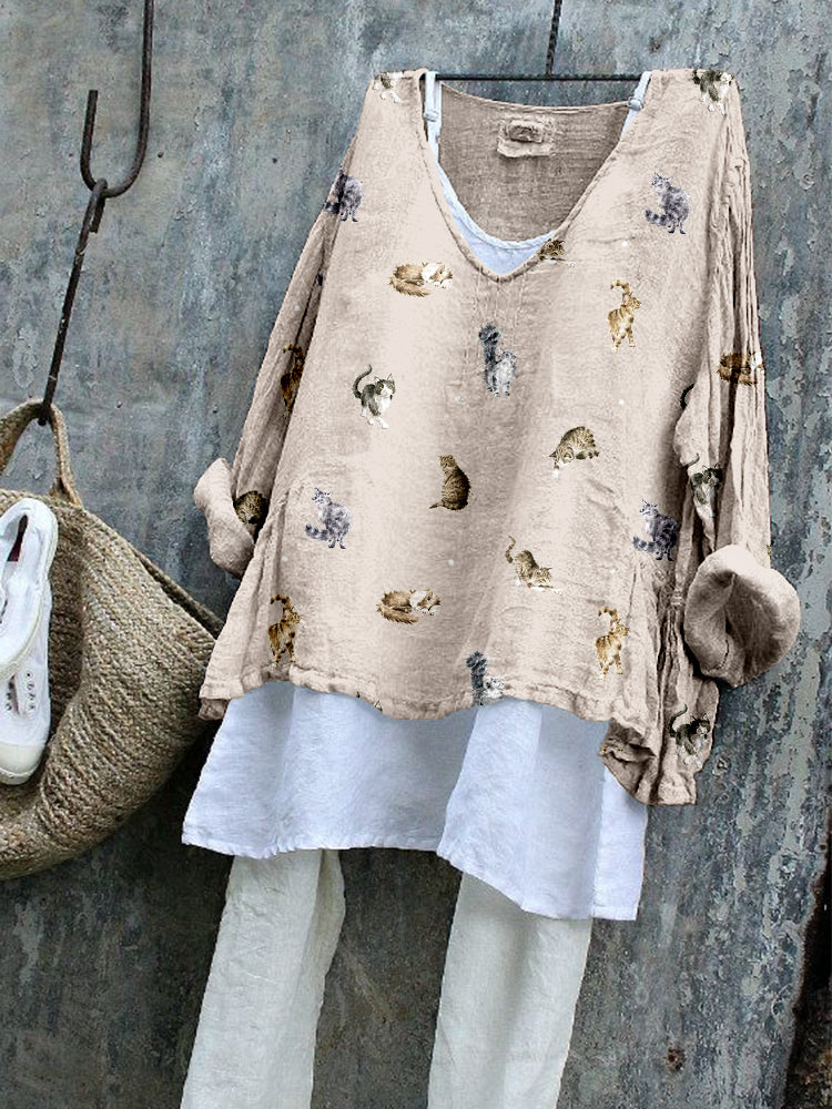 Cute Cats Pattern Long Sleeve Cozy Flowy Tunic elevenforest