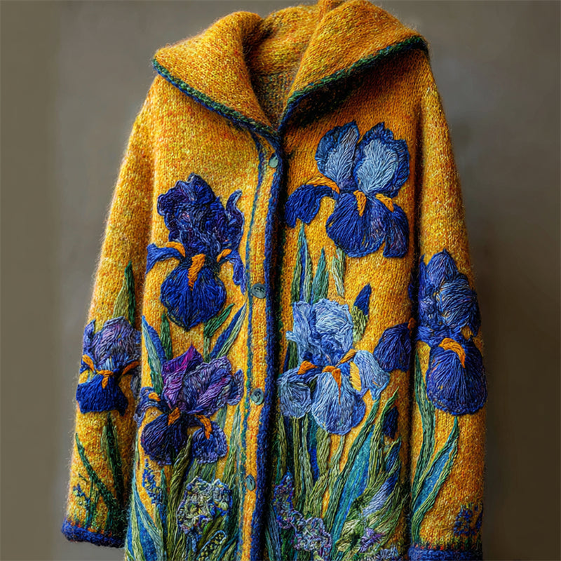 Vintage Irises Inspired Felt Embroidered Cozy Knit Hooded Cardigan artswardrobe