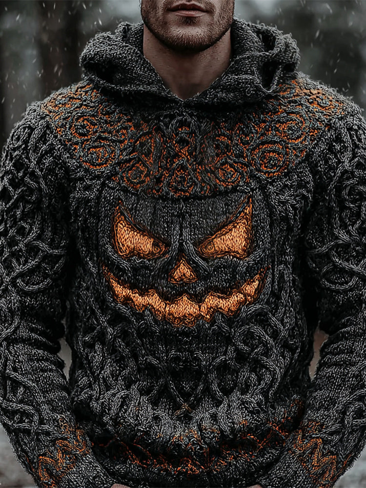 Halloween Viking Evil Pumpkin Men's Chunky Knit Hooded Sweater elevenforest