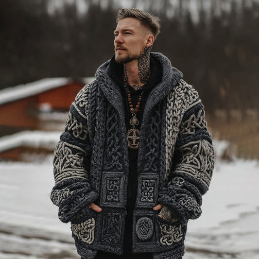 Men's Viking Celtic Knot Contrast Button Cozy Midi Cardigan Sweater artswardrobe