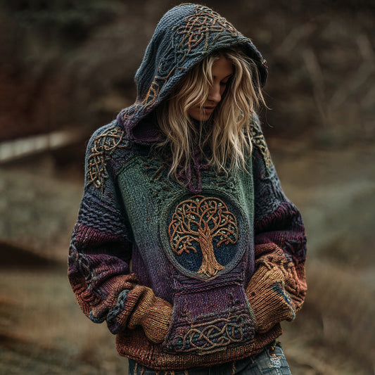 Viking Boho Life Of Tree Gradient Art Chunky Knitted Cozy Hooded Sweater artswardrobe