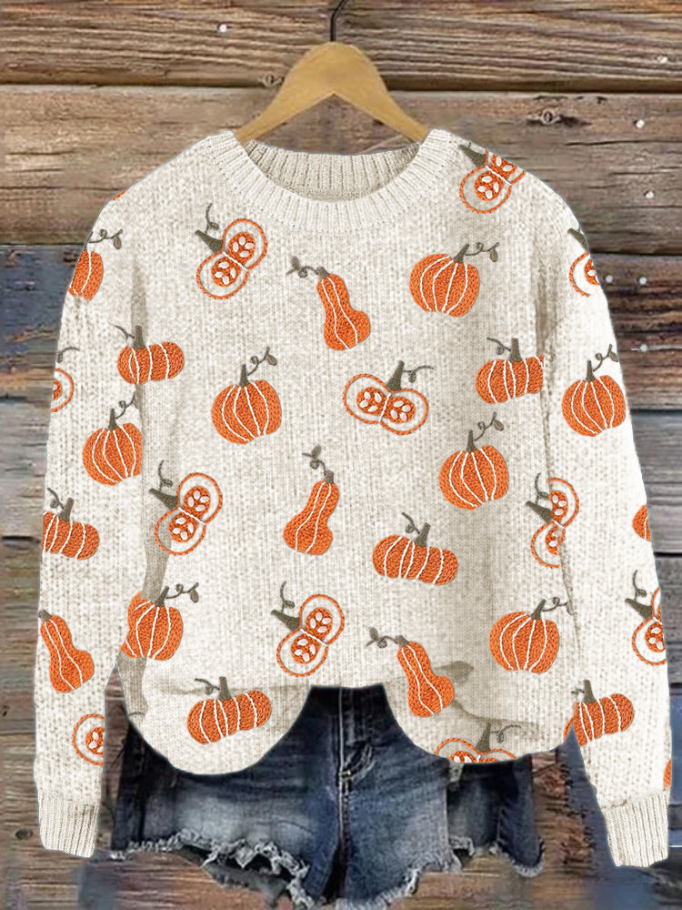Lovely Pumpkins Embroidery Pattern Cozy Knit Sweater artswardrobe