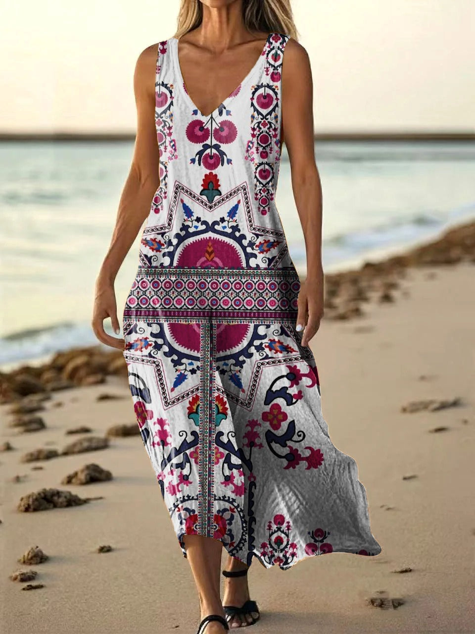 Women's Vintage Ethnic Tattoo Pattern Art Print Pocket Cotton Dresses