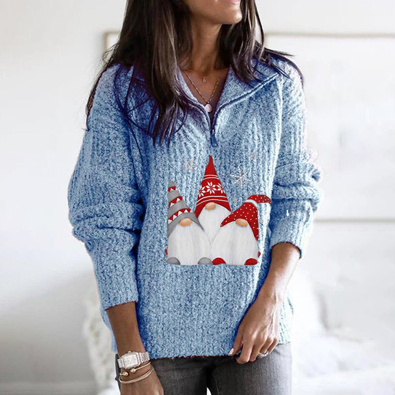 Santa Print Zipped Long Sleeve Knitted Sweater elevenforest