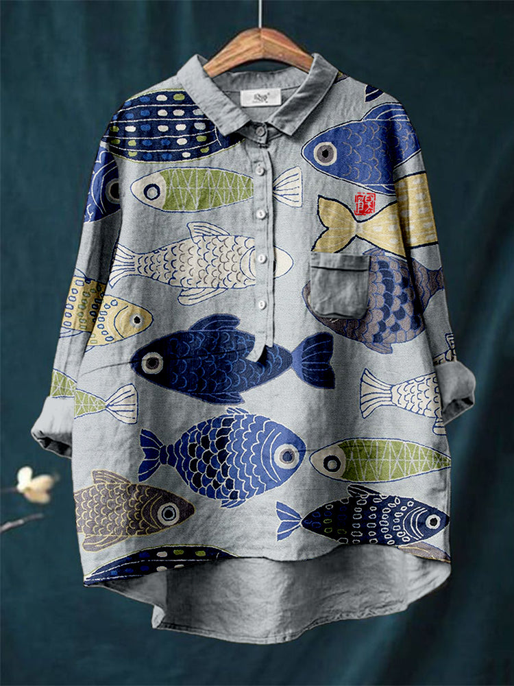 Comstylish Vintage Fish Japanese Art Linen Blend Tunic
