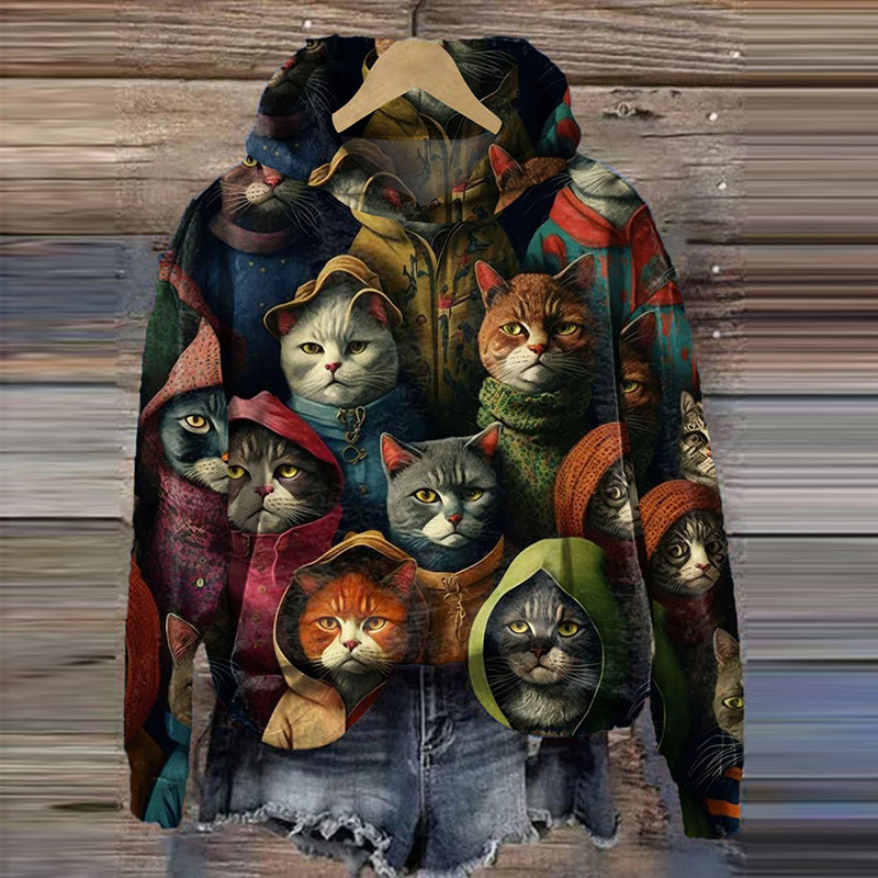 Comstylish Women Cute Cats Art Print Casual Hoodie