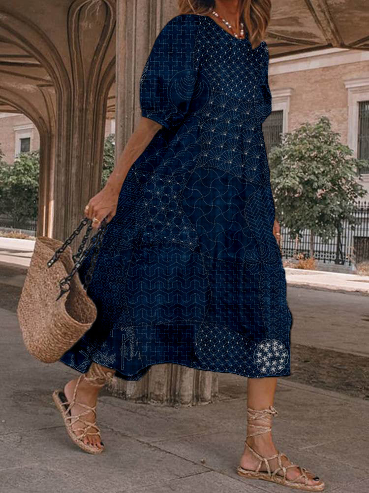 Japanese Traditional Sashiko Art Casual Midi Dress