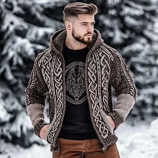 Men's Viking Contrast Color Jacquard Celtic Chunky Knit Zip-up Cardigan artswardrobe