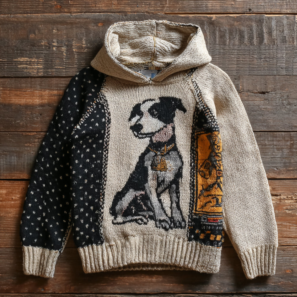 Vintage Border Collie Dog Pattern Patchwork Polka Dot Embroidery Hooded Sweater elevenforest