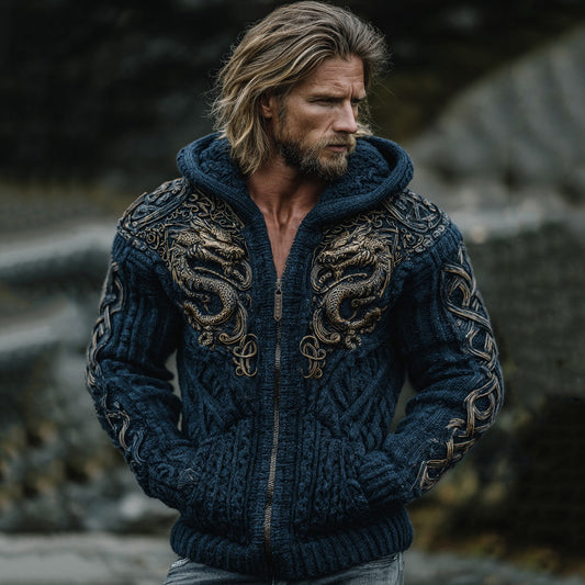 Men's Vintage Viking Dragon Embroidery Knitted Cozy Zipper Up Hooded Cardigan artswardrobe