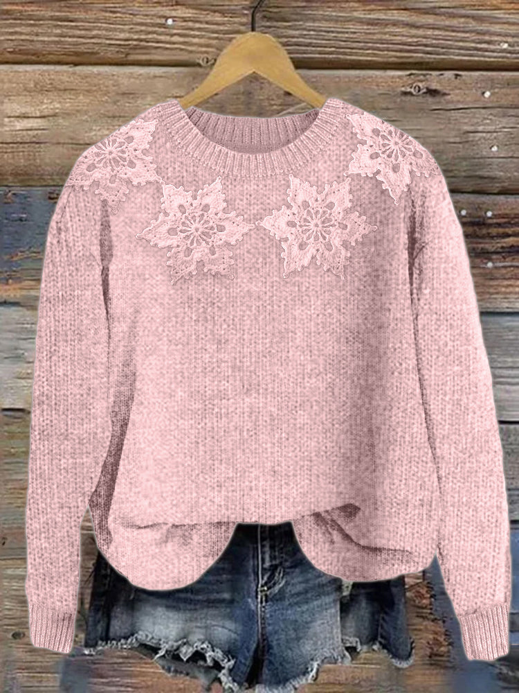 Classy Snowflakes Yoke Crochet Cozy Knit Sweater elevenforest