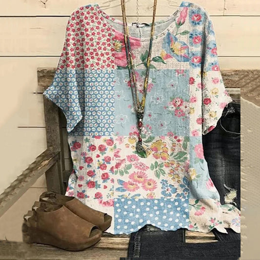 Floral Patchwork Art Print Casual Linen Blend Shirt artswardrobe