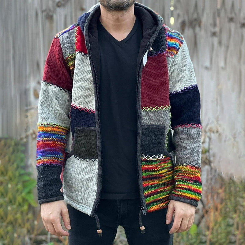 Men's Retro Knit Patchwork Cozy Full Zip Hooded Cardigan elevenforest
