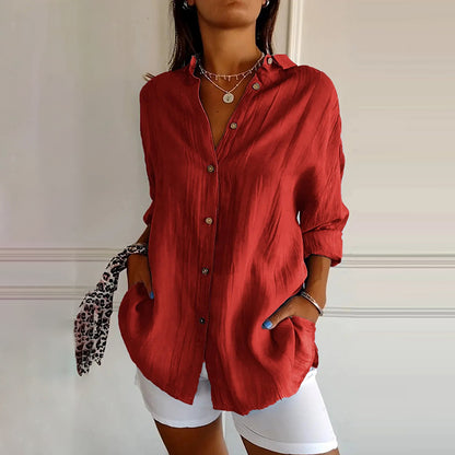 Comstylish Casual Single Breasted Pleated Lapel Solid Color Cotton Linen Shirt