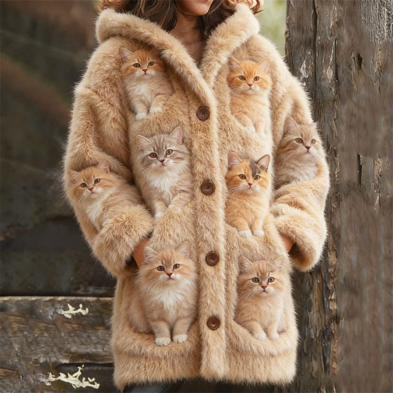 Cardigan in lana beige con motivo di tanti gatti
